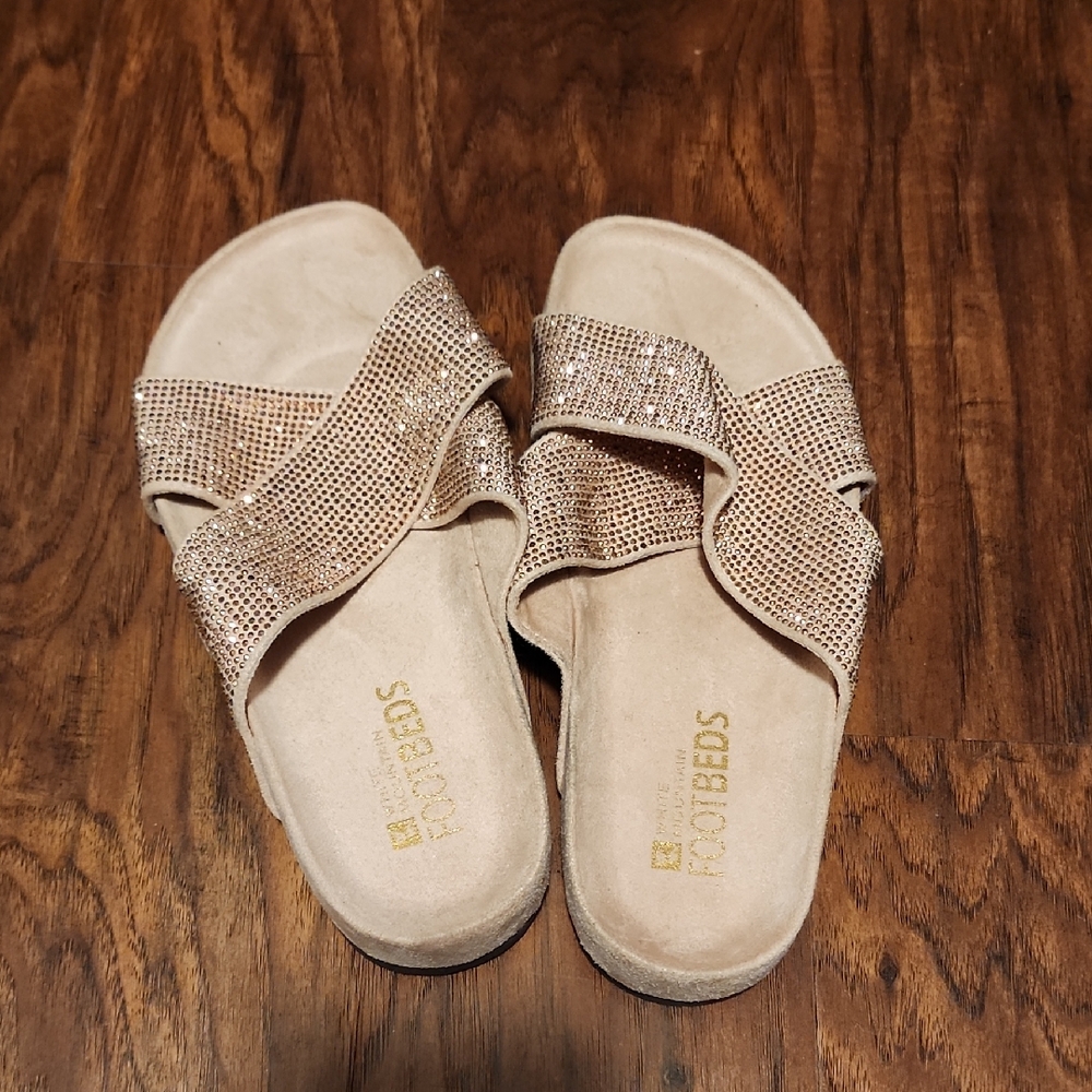 White Mountain Cream and Gold Sandals with Double-Strap Design